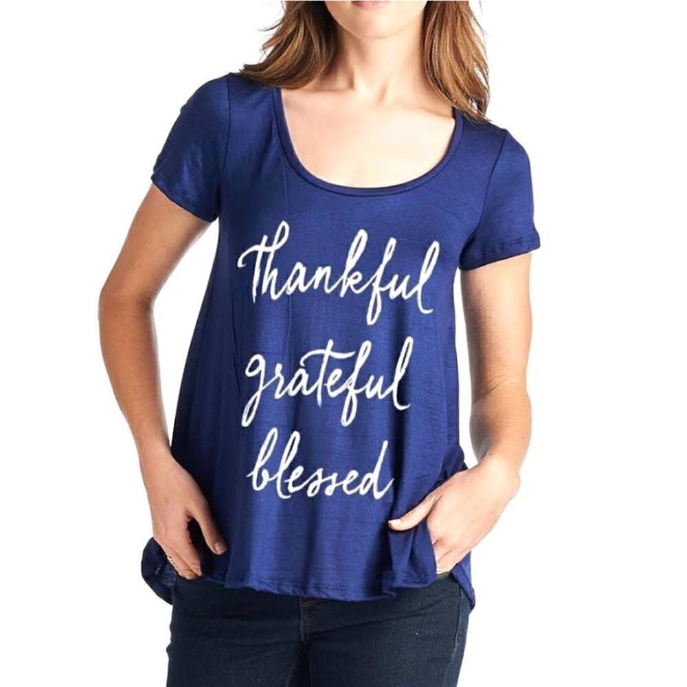 Womens Thankful Grateful Blessed Flowy Rayon Stretch A Line Loose T-Shirt M